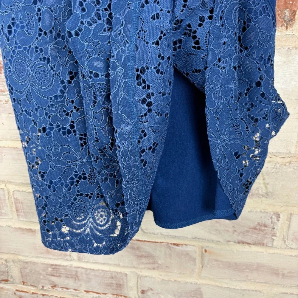 Free People Lovely in Lace Cobalt Mini Dress XS V-Neck Crossover Keyhole Pockets